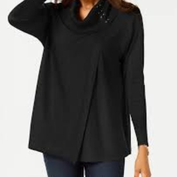 JM Collection Ladies Black Open Front T-Neck Sweater, Size L - Picture 2 of 12